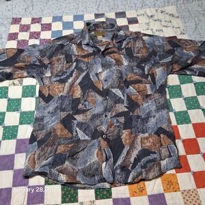 Vintage Utopia 100% Silk Button Up Shirt Size Medium Blue‎ Geo Pattern